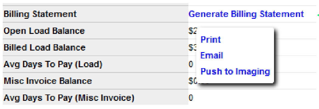 Generate Billing Statement menu with Print, Email, and Push to Imaging options.