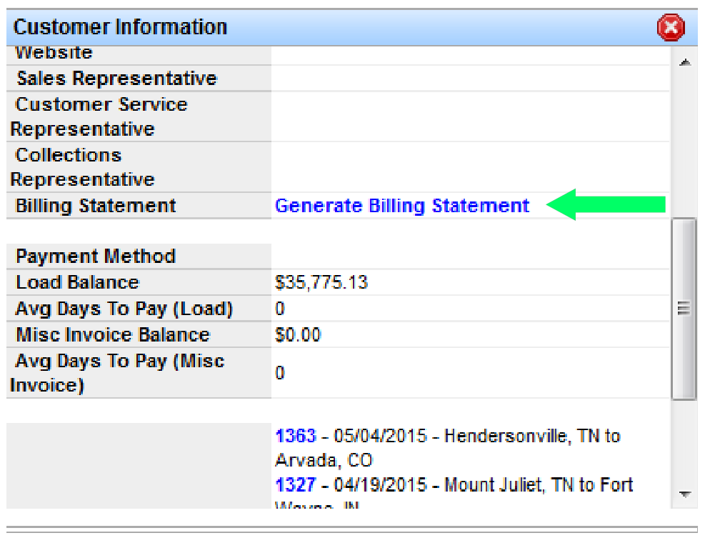 Customer Information window from AR Aging with Generate Billing Statement link highlighted.
