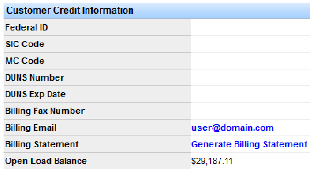 Customer Credit Information section showing Billing Email and Generate Billing Statement link.