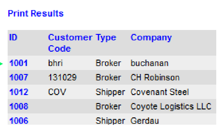 Customer search results with ID links to open Customer Summary.