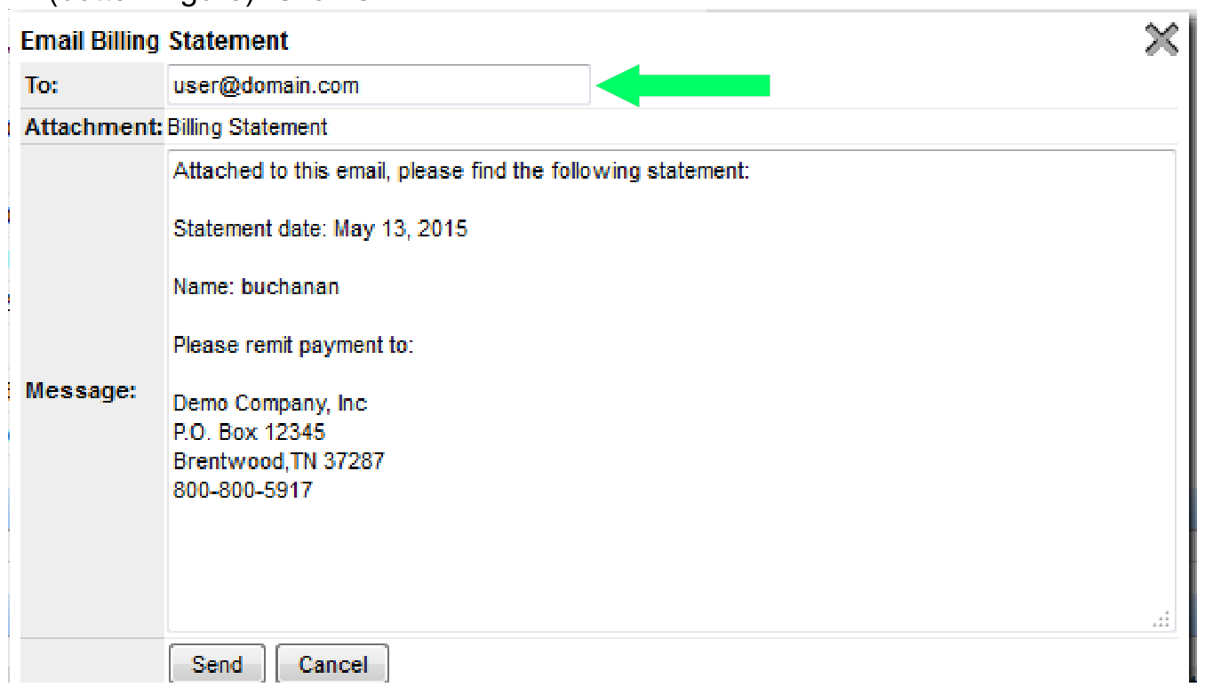 Email Billing Statement dialog with To address, Billing Statement attachment, message body, and Send button.