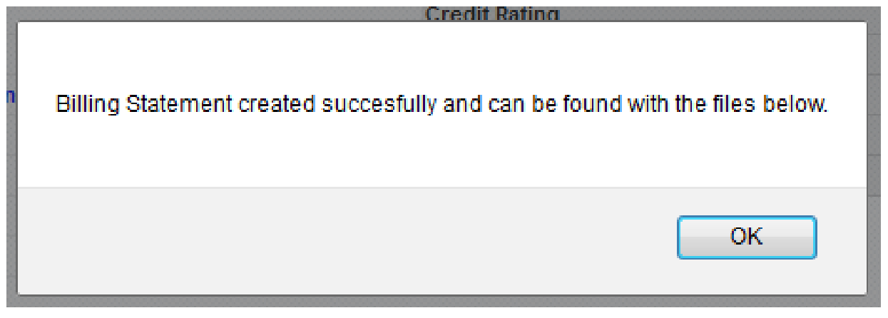 Success message confirming the billing statement was created and pushed to imaging.