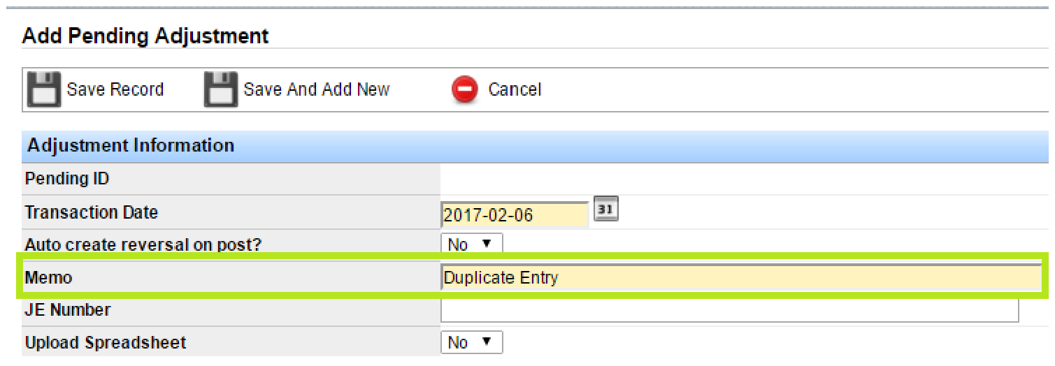 Add Pending Adjustment form showing Transaction Date, Auto create reversal on post, Memo, JE Number, and Upload Spreadsheet.