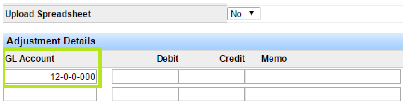 Adjustment Details GL Account field with auto-populated account list for selection.