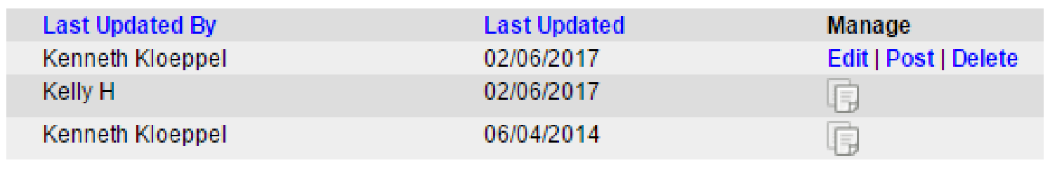 Search results Manage column showing Edit | Post | Delete for an unposted adjustment and manage-only icons for posted ones.