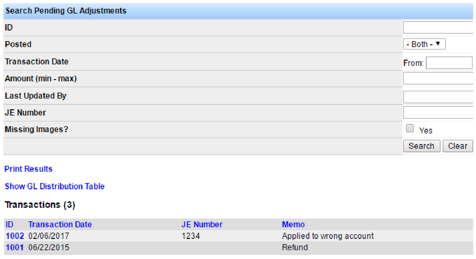 Search Pending GL Adjustments form with filters and Transactions results listing ID, transaction date, JE number, and memo.