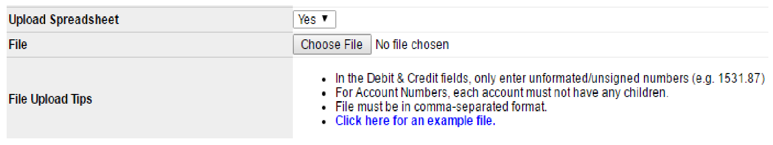 Upload Spreadsheet set to Yes with Choose File and file upload tips for CSV debit, credit, and account format.