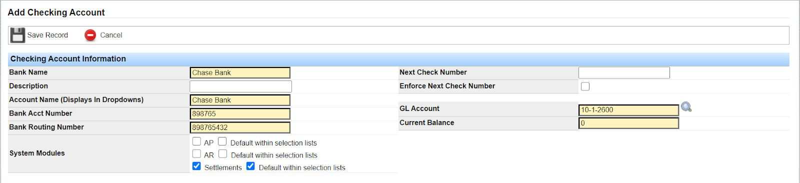 Add Checking Account form showing Checking Account Information fields, including Bank Name, Account Name, System Modules, GL Account, and Current Balance.