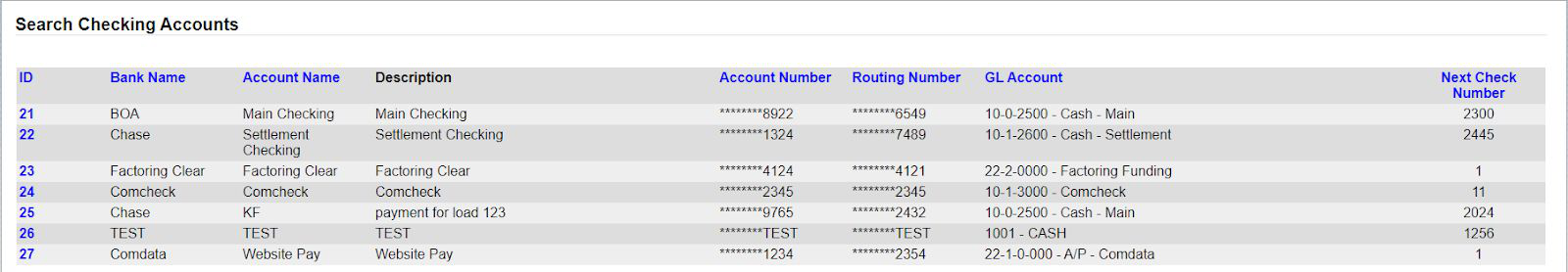 Search Checking Accounts results table listing bank accounts with ID, bank name, account name, description, account number, routing number, GL account, and next check number.