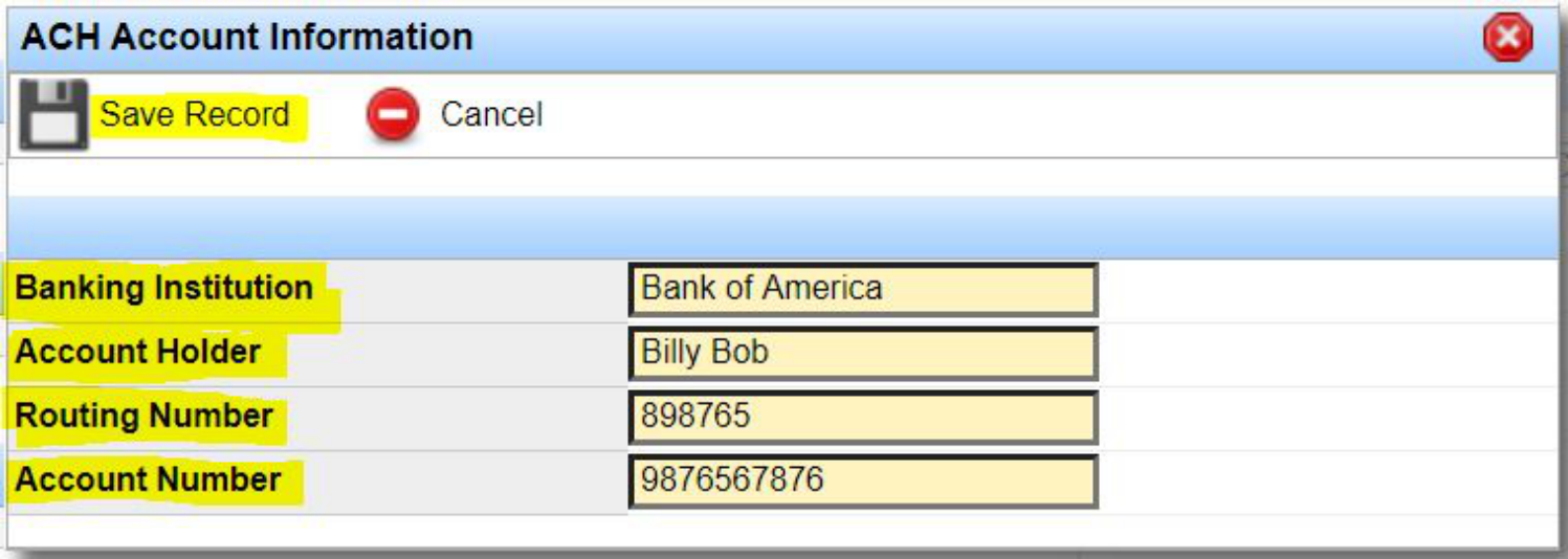 ACH Account Information form with banking institution, account holder, routing number, and account number.