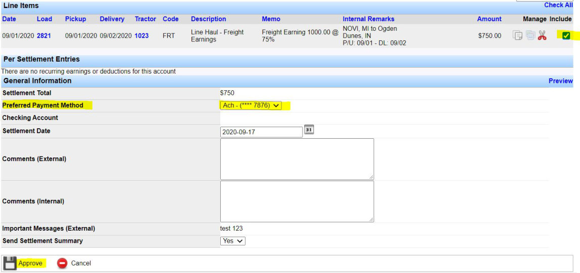 Pending Settlement Detail with ACH preferred payment method selected and Approve action.