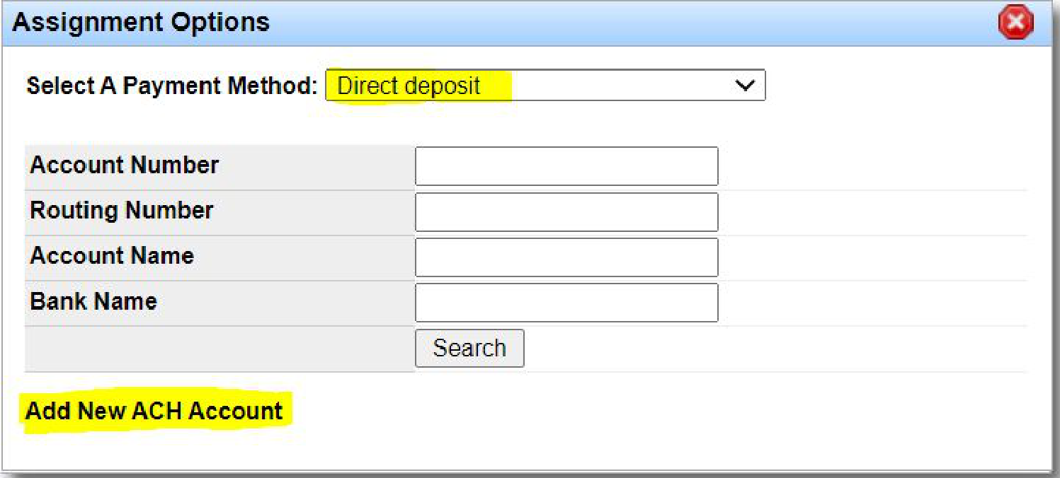 Assignment Options window with Direct Deposit selected and Add New ACH Account link.