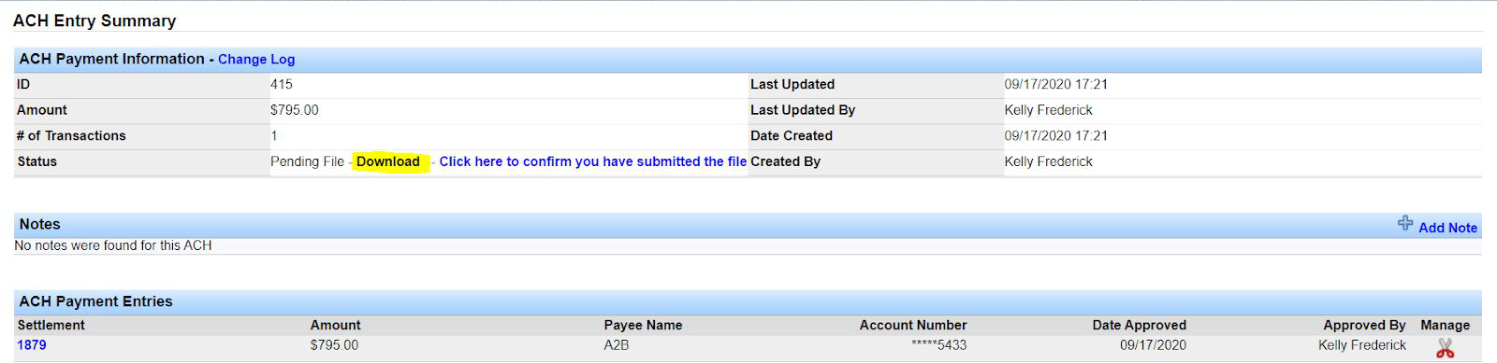 ACH Entry Summary screen with Download link for the ACH file.