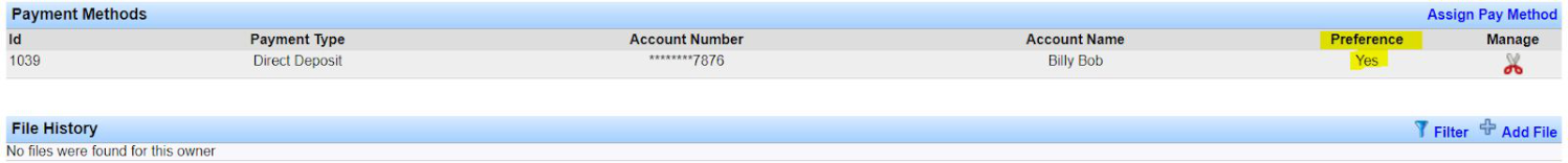 Payment Methods section after Make Preference, showing the ACH account as the preferred method.