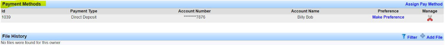 Payment Methods section listing the assigned Direct Deposit ACH account with Make Preference link.