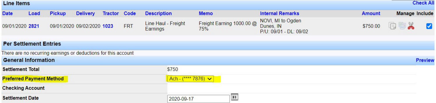 Pending Settlement Detail preferred payment method dropdown defaulted to the preferred ACH account.