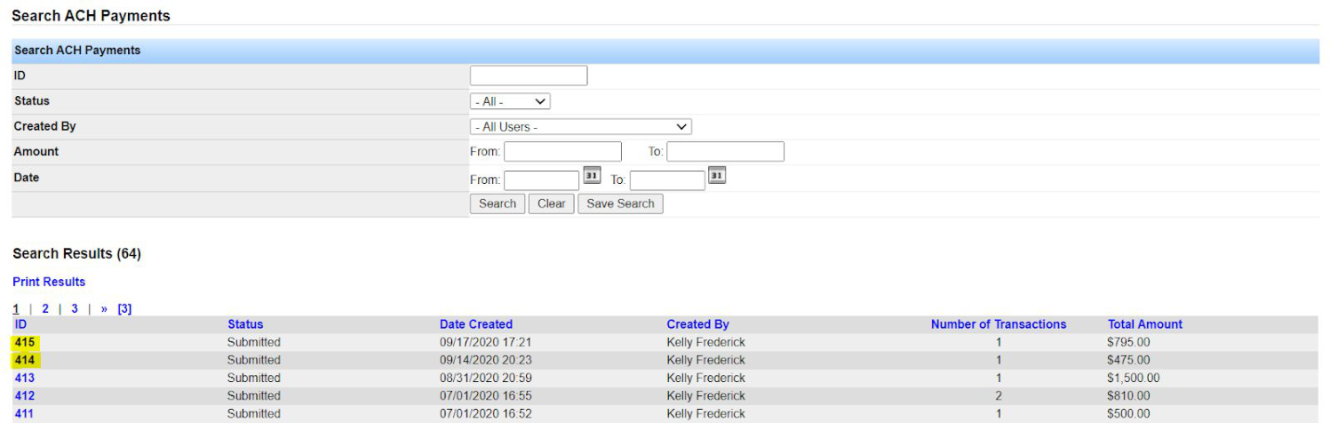 Search ACH Payment screen with filters and results overview.