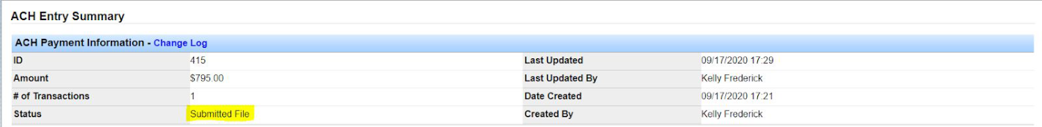 ACH Entry Summary showing submitted status after confirmation.