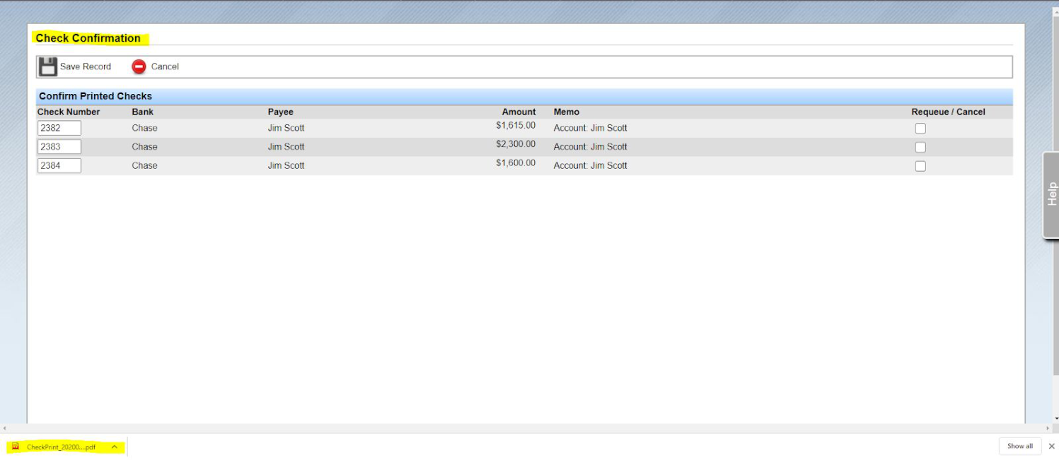 Check Confirmation screen after printing with Save Record action.
