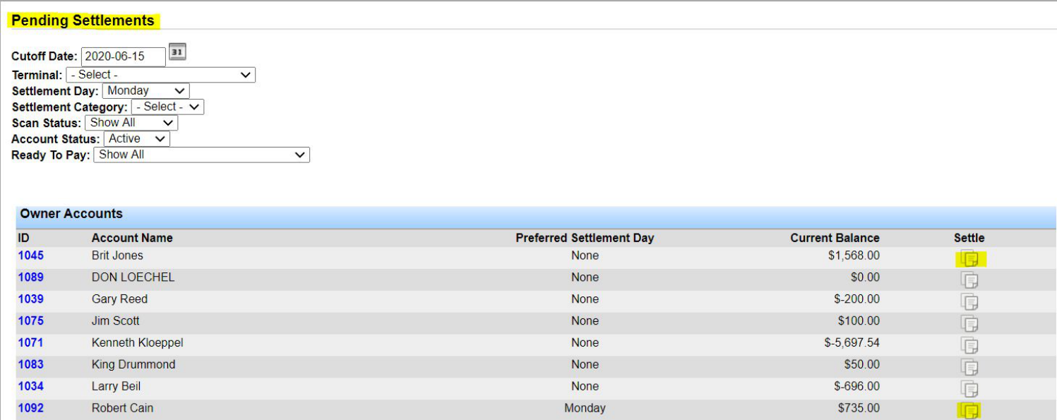 Pending Settlements list of owner accounts with Settle icons.