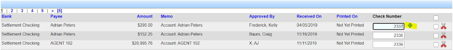 Check number fields in the print queue with green arrow to renumber checks in ascending order.