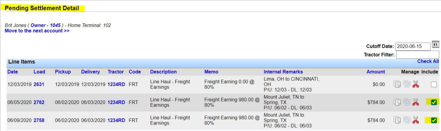 Pending Settlement Detail with line items selected for settlement.