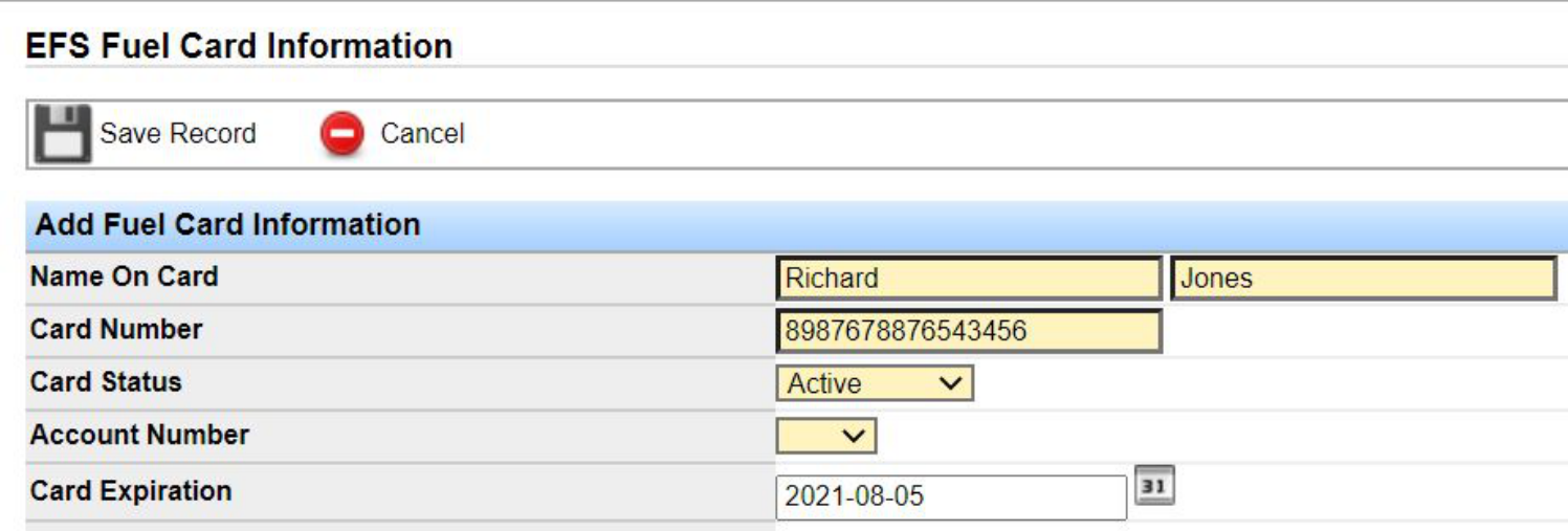 EFS fuel card entry form with card, driver, tractor, and limit fields.