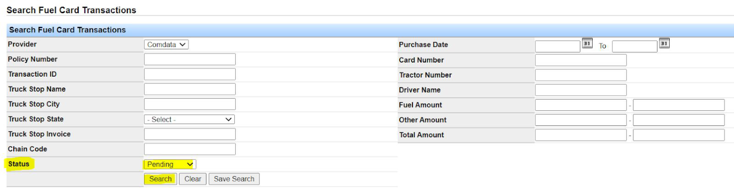 Fuel Card Transactions report filter set to pending status.