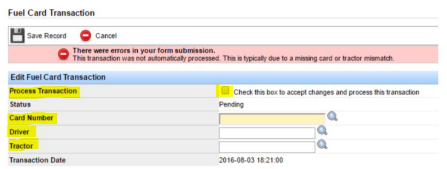 Pending transaction detail with process checkbox and Save Record.