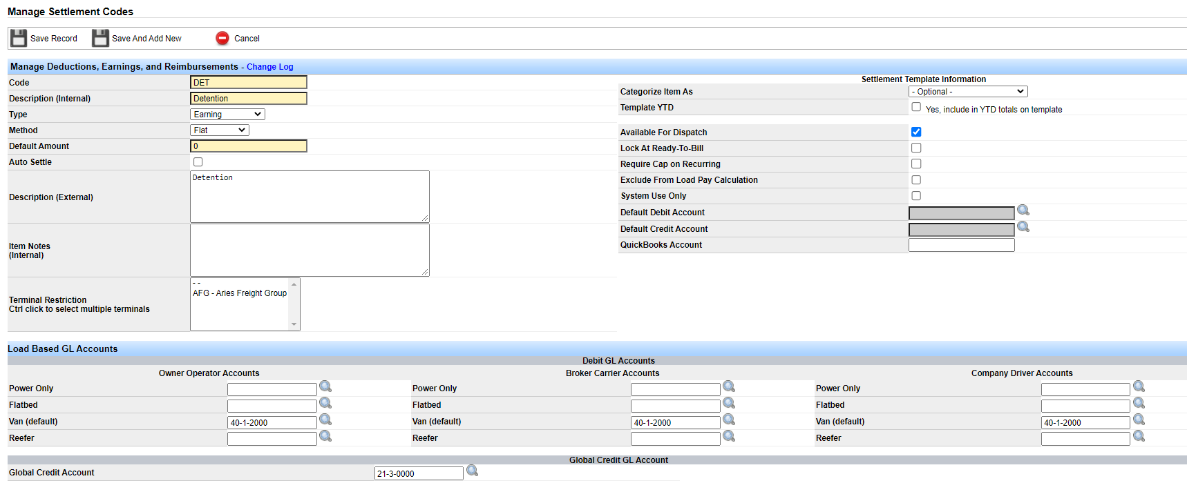 Screenshot for Review Pre-Installed Settlement Codes
