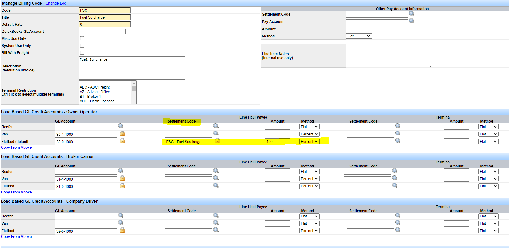 Screenshot for Review Pre-Installed Billing Codes