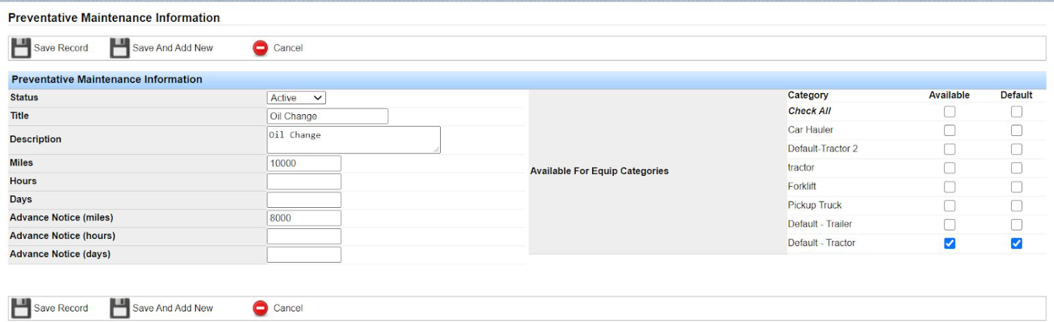 Add Preventative Maintenance form with status, title, interval, and equipment category fields.