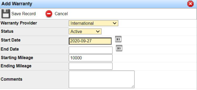 Add Warranty window for entering part warranty details.