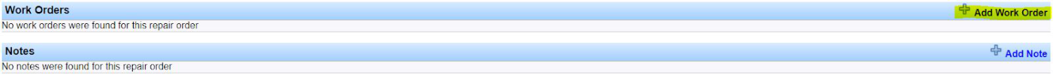 Add Work Order link on the Repair Order Summary screen.