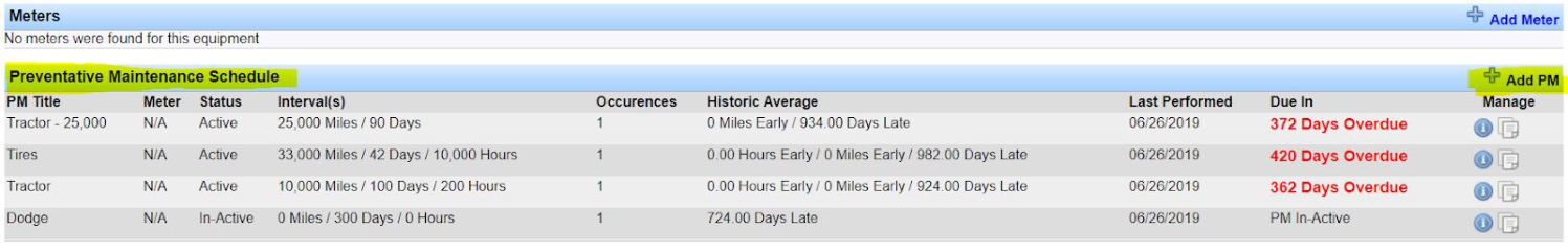 Assign PM window with PM Type, title, status, and interval fields.