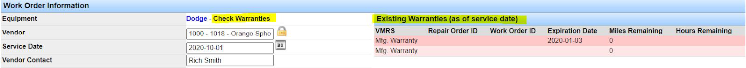 Existing Warranties notification on a work order when VMRS codes match a warranty.