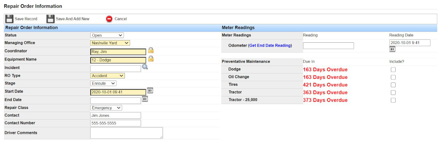Repair Order Information entry screen with status, dates, and preventative maintenance options.