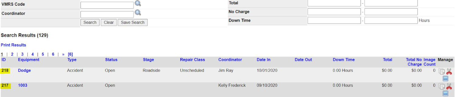 Repair order search results with IDs you can open to review or edit.