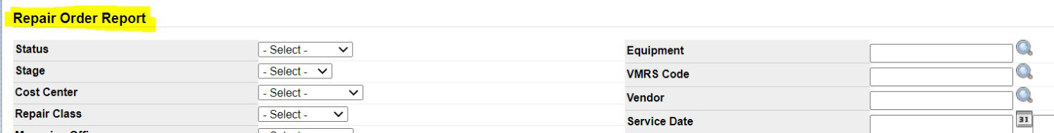 Repair Orders Report filter options.