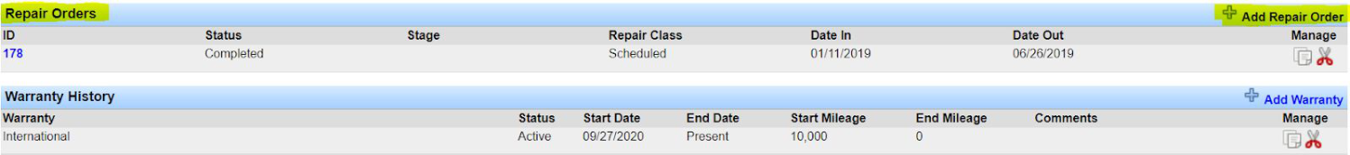 Repair Orders section on the Equipment Summary screen with Add Repair Order.