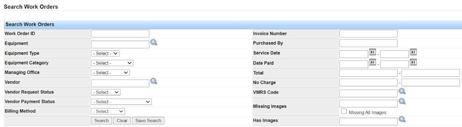Search Work Orders filters and search button.