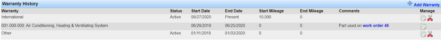 Warranty History section showing saved part warranties on an equipment record.