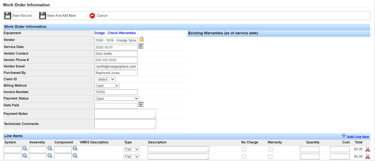 Work Order entry screen with vendor, billing, and payment fields.
