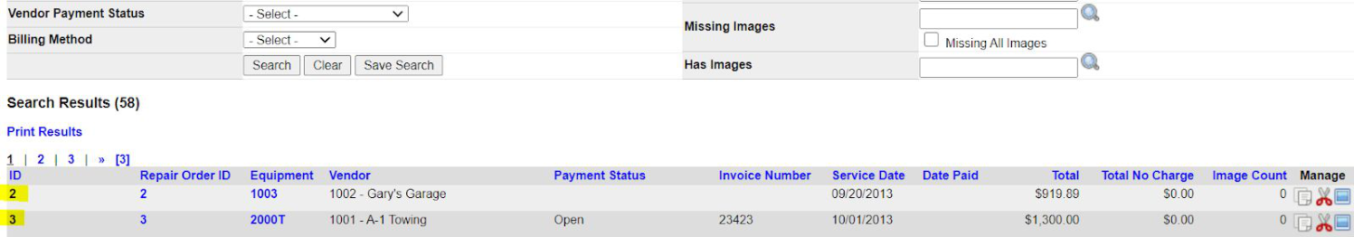 Work order search results list.