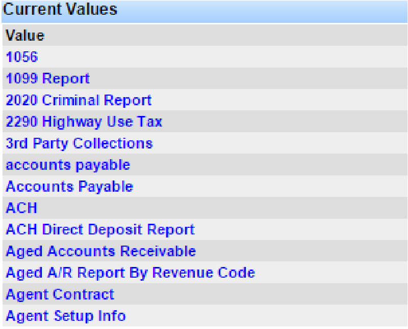 Manage Document Types screen with applications and current values.