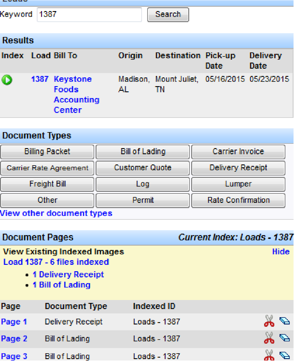 Keyword field and Document Types assignments per page.