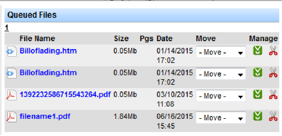 Queued Files list showing file name, size, date, move, and manage actions.