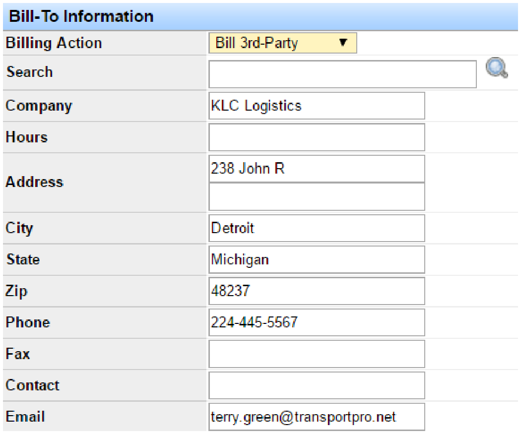 Bill-To Information section with customer selection options.