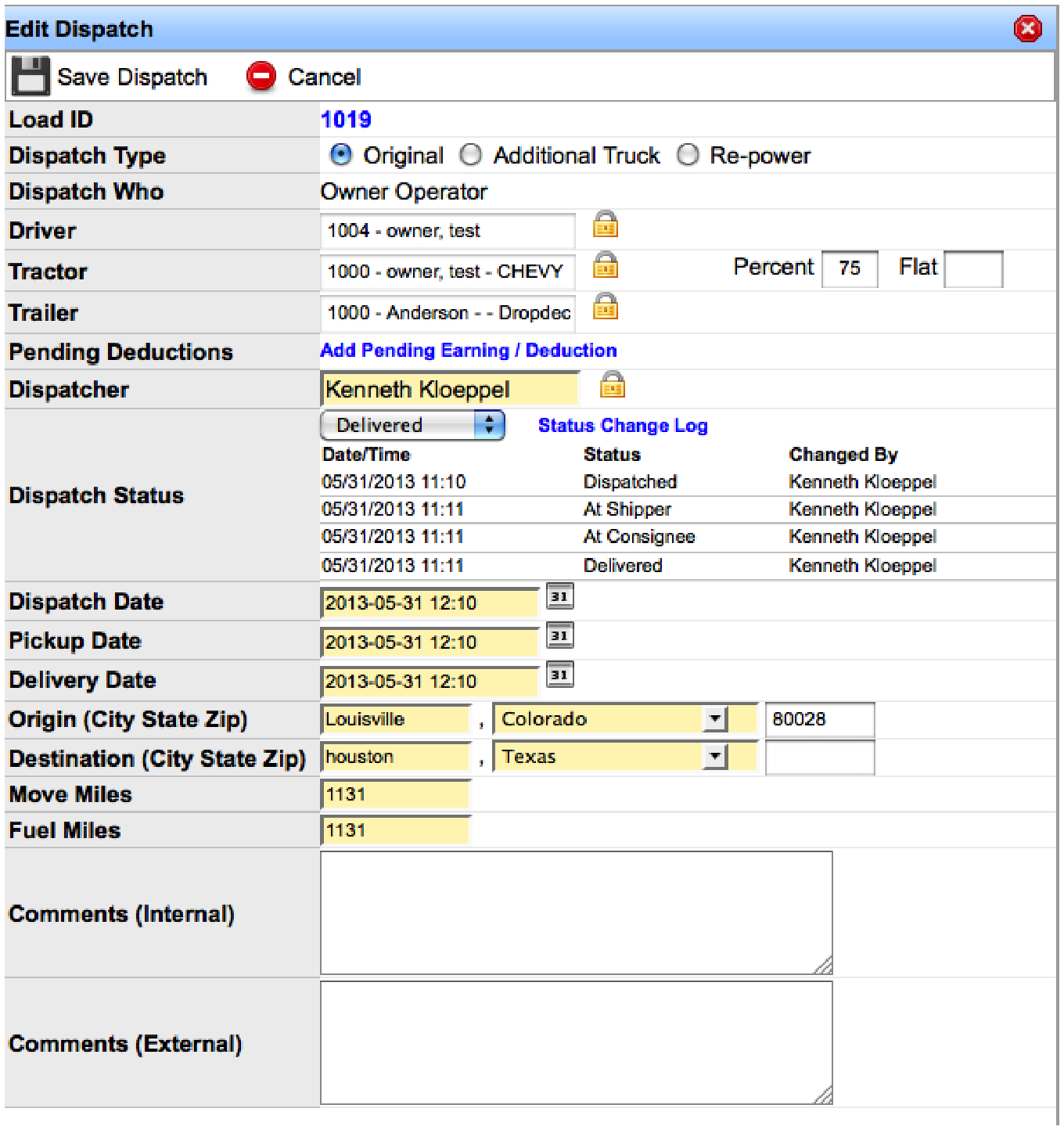 Broker Carrier dispatch form with carrier search, pay amount, and rate confirmation options.