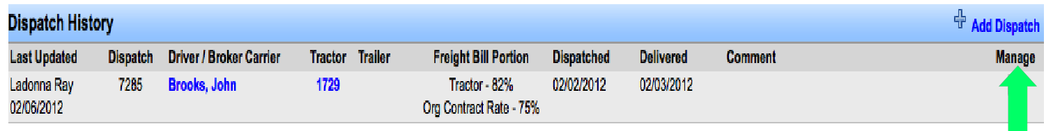 Driver, Tractor, and Trailer fields on the dispatch form with lock icon.